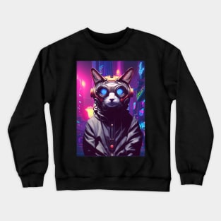 Techno Cat In Japan Neon City Crewneck Sweatshirt